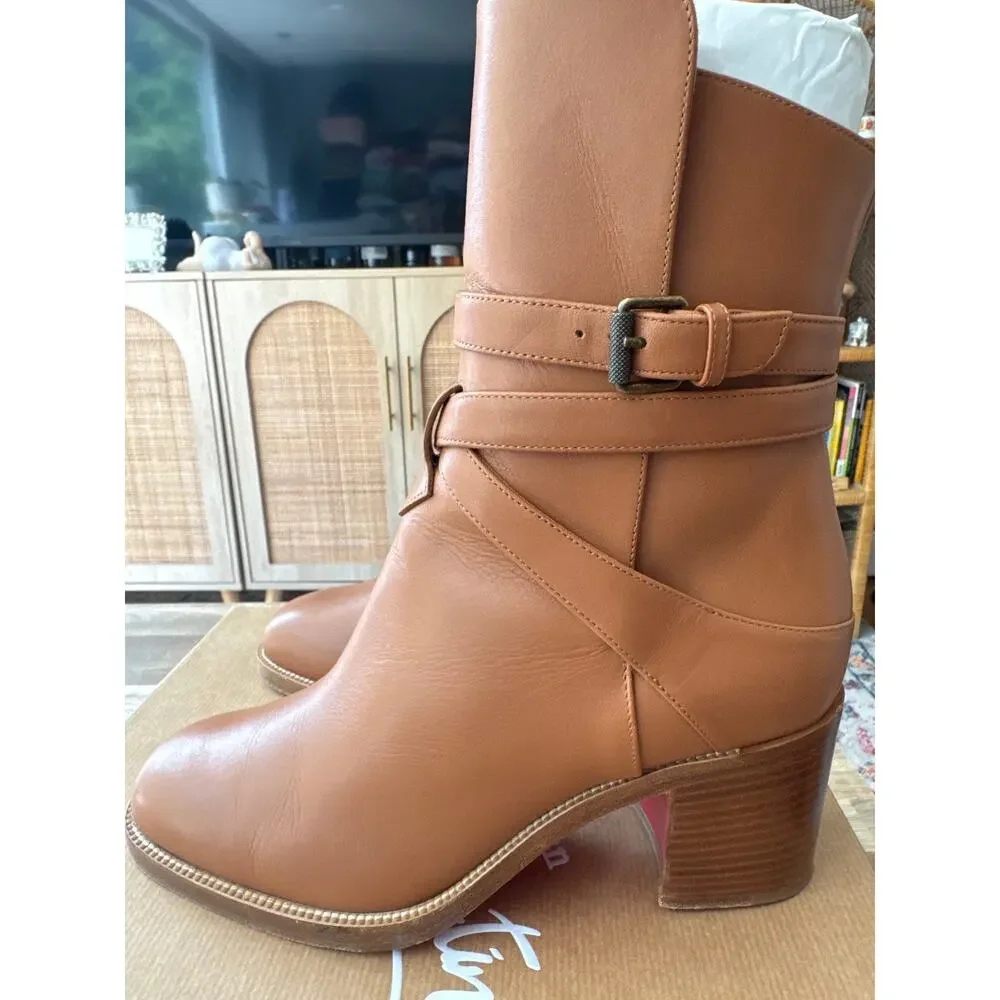 Christian Louboutin KARISTRAP Brown Leather Bootie Block Heel Red Sole sz EU 37